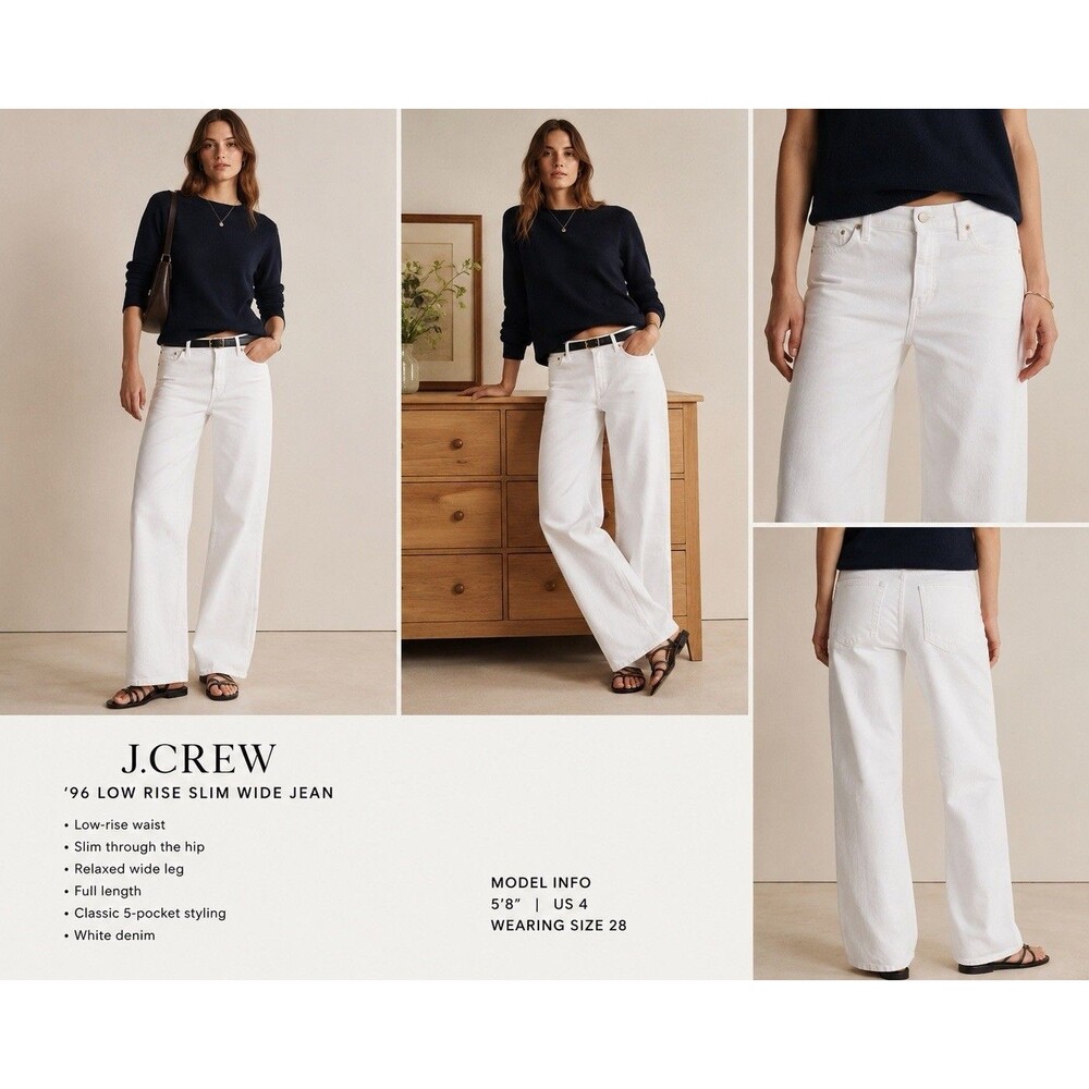 J.Crew ‘96 Low Rise Slim Wide Jeans White Denim Women’s Size 28 Wide Leg stretch